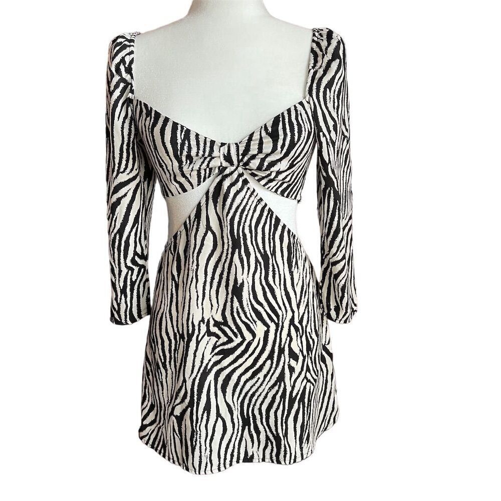 Sky to Moon Zebra Print Cutout Mini Dress Black & White Long Sleeve, S​​